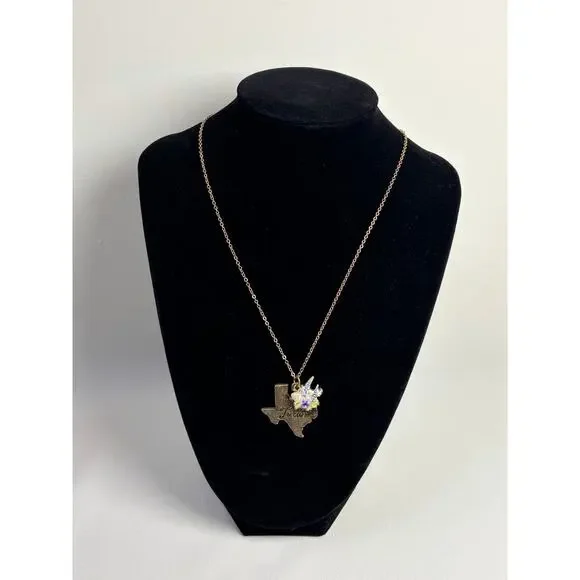 Texas State Shape Necklace and Earrings Matching Set w Blue Bonnets Gold Tone - Picture 5 of 9